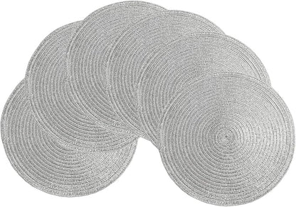 SHACOS Glitter Round Braided Placemats Set of 6 Sparkle Bling Placemats Glitz Table Mats for Home Holiday Party Wedding Festive Table Decoration (6, Silver)