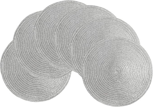 SHACOS Glitter Round Braided Placemats Set of 6 Sparkle Bling Placemats Glitz Table Mats for Home Holiday Party Wedding Festive Table Decoration (6, Silver)