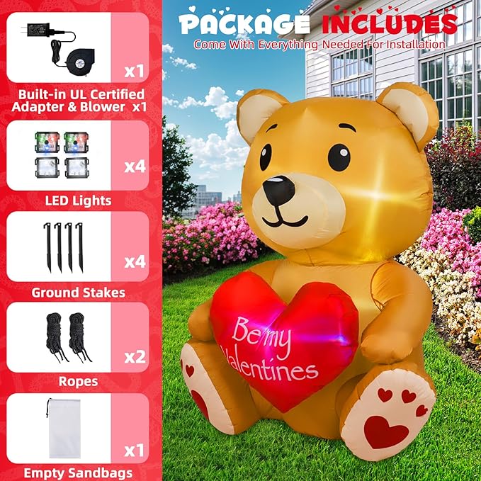 4FT Valentines Day Inflatable Bear Holds Love Heart, Valentines Day Decor Built-in RGB LED Lights, Valentines Gift Blow Up Yard Decoration for Party Anniversary Wedding Propose Garden Lawn