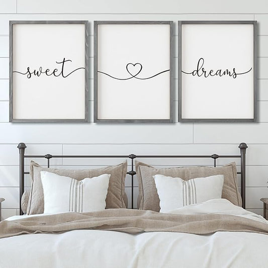 Set of 3 Framed Farmhouse Sweet Dreams Sign 11x14” Above Bed Wall Decor for Bedroom Decor Wall Art Wood Signs (11"x14", Gray)