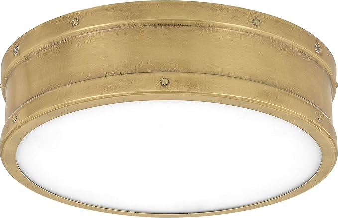 Quoizel Ahoy Round Flush Mount Ceiling Light, 13 Inch Drum Light with Metal Shade, 25 W LED, 1700 Lumens, 4" H x 13" W, Weathered Brass