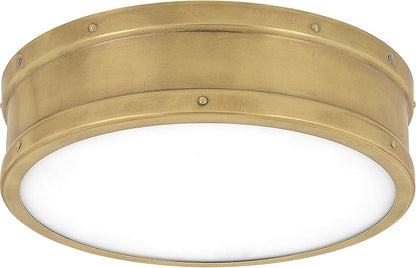 Quoizel Ahoy Round Flush Mount Ceiling Light, 13 Inch Drum Light with Metal Shade, 25 W LED, 1700 Lumens, 4" H x 13" W, Weathered Brass