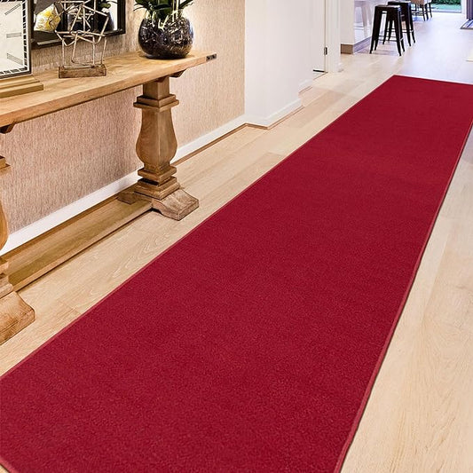 Machine Washable Modern Solid Design Non-Slip Rubberback 3x12 Traditional Runner Rug for Hallway, Kitchen, Bedroom, Living Room, 2'7" x 12', Red