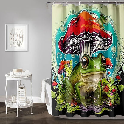 AILONEN Frog Mushroom Shower Curtain,Green Frog Waterproof Fabric Bath Curtain for Kids Girls Boys,Cartoon Animal Wildlife Red Mushroom Shower Curtain Set for Bathroom with Hooks,36" W*72" H