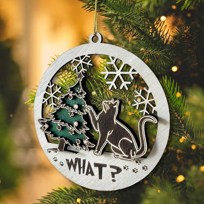 Black Cat Wooden Ornament - Funny Kitten and Christmas Tree Decoration