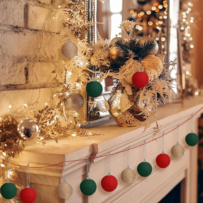 Syhood 9 Pcs 2.36 Inch Christmas Ball Ornaments Boho Farmhouse Jute Rope Hanging Balls Burlap Neutral Rustic Ornaments for Xmas Tree Holiday Wreath Garland Wedding Home(Red, Green, Natural Color)