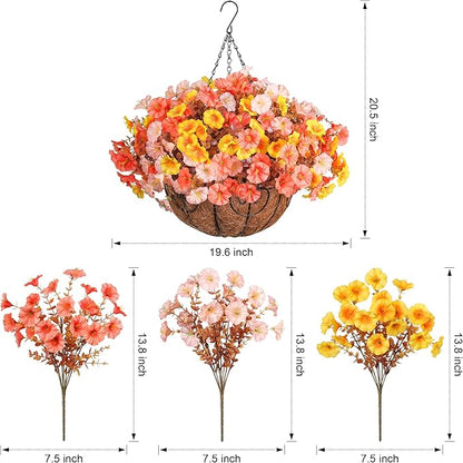 Artificial Fall Flowers Fake Hanging Plants Flowers Basket for Outdoors Autumn Decoration, Silk Morning Glory with Eucalyptus Look Real UV Resistant Faux Flowers for Outside Porch Patio Balcony, Mix