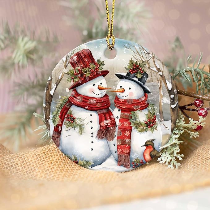Snowman Couple Ornaments Winter Holiday Round Ceramic Colorful Hanging Ornament Christmas Keepsake Decor for Xmas Tree Winter Holiday Xmas Gift for Women Men 3"