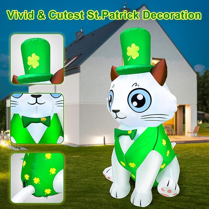 5Ft St. Patrick's Day Inflatable Outdoor Decoration Blow Up Cute Cat Wearing Lucky Shamrocks Hat with LED Lights St Patricks Day Decorations Yard Garden Lawn Home Party Indoor