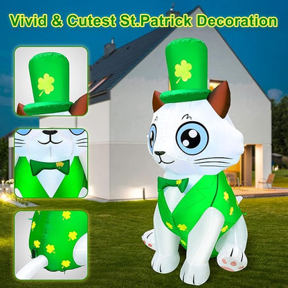 5Ft St. Patrick's Day Inflatable Outdoor Decoration Blow Up Cute Cat Wearing Lucky Shamrocks Hat with LED Lights St Patricks Day Decorations Yard Garden Lawn Home Party Indoor