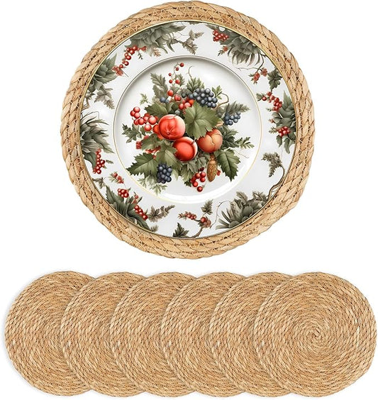 Round Woven Placemats 13.5 inch Set of 6 - Boho Rattan Placemat Natural Water Hyacinth Placemats, Farmhouse Weave Place Mats, Rustic Braided Wicker Table Mats for Dining Table,Home,Wedding