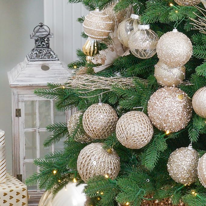 3.15" Christmas Ball Ornaments Glitter Shatterproof Christmas Tree Ornaments Sequin Xmas Hanging Balls Decorations for Wedding Party Holiday(Champagne Gold, 12pc-8cm)