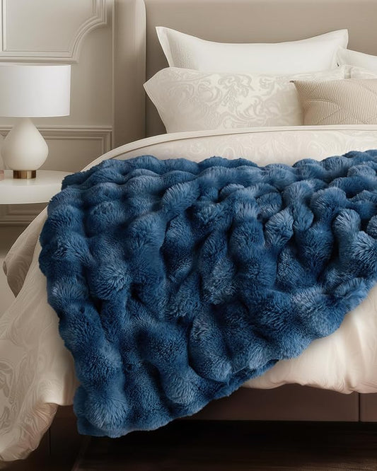 Ultra Soft Cozy Faux Fur Throw Blanket, Fuzzy Plush Thick Bubble Blanket, Oversize Luxury Fluffy Blanket for Couch, Bed, and Living Room, 60x80 Inches, Blue