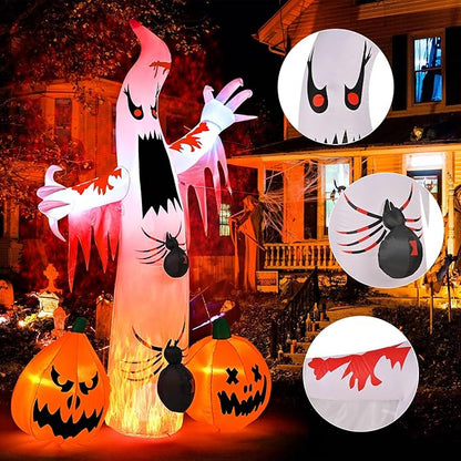 Kesfitt 8FT Halloween Inflatables Decorations Outdoor Ghost Built-in 2 Flame Flashing Projection Light,Blow Up Yard Inflatables with Pumpkin Spider for Outside Halloween Patio Party Garden Decorations