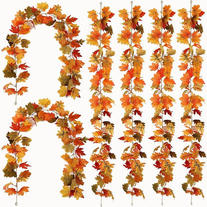 PARTY JOY 6PCS Orange Leaf Garland, 5.6Ft Halloween Garland Artificial Maple Leaf Autumn Hanging Fall Vines Thanksgiving Decorations Fall Decor