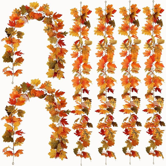 PARTY JOY 6PCS Orange Leaf Garland, 5.6Ft Halloween Garland Artificial Maple Leaf Autumn Hanging Fall Vines Thanksgiving Decorations Fall Decor