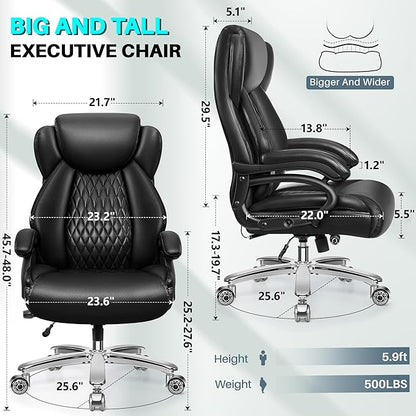 Big and Tall Office Chair, 500lbs Capacity, Black Leather, High Back, Extra Wide Seat, Ergonomic, Adjustable Lumbar Support, Metal Base & Wheels, Black