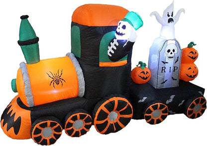 7 Foot Long Halloween Inflatable Skeleton on Train LED Lights Outdoor Indoor Holiday Decorations, Blow up Lighted Yard Decor, Giant Lawn Inflatable Home Garden Party Favor Decoration