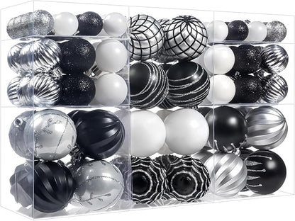 100Pcs Christmas Ball Ornaments Set, Assorted Shatterproof Christmas Ornament, Christmas Tree Theme Hanging Decoration for Xmas Tree Holiday/Party/Home Decor (Black & White & Silver)
