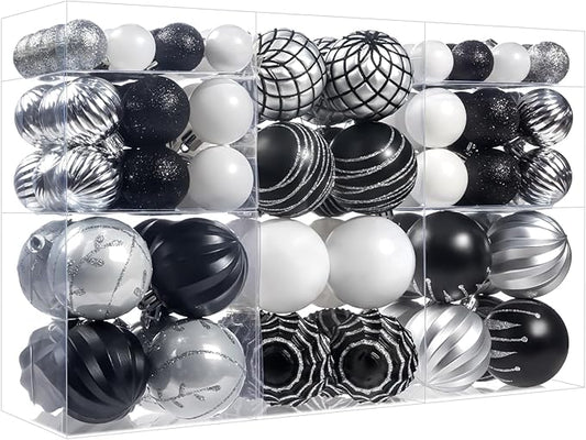 100Pcs Christmas Ball Ornaments Set, Assorted Shatterproof Christmas Ornament, Christmas Tree Theme Hanging Decoration for Xmas Tree Holiday/Party/Home Decor (Black & White & Silver)