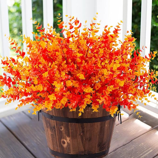 Artificial Fall Flowers Faux Mums for Outdoor Indoor Garden Home Decoration, Faux Flower Daisy with Eucalyptus Leaves Fake Plants Greenery Boxwood Porch Patio, 12 Bundles (Orange Eucalyptus)