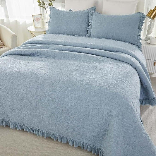 Brandream Queen Size Quilt Set Cotton Shabby Chic Bedding Light Blue Floral and Vine Matelasse Coverlet Set Ruffle Bedspreads 3-Piece