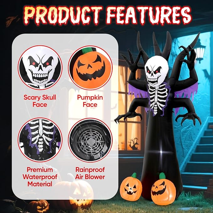8FT Halloween Tree Inflatable Decoration- Blow Up Yard Skeleton Ghost Tree with 2 Pumpkin Faces with Build-in LED Lights for Home Halloween Party Garden Lawn Indoor Outdoor Decor