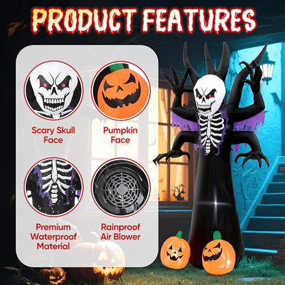 8FT Halloween Tree Inflatable Decoration- Blow Up Yard Skeleton Ghost Tree with 2 Pumpkin Faces with Build-in LED Lights for Home Halloween Party Garden Lawn Indoor Outdoor Decor
