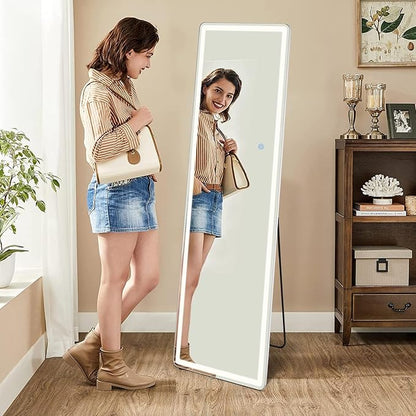 Sweetcrispy 64"x21" Mirror Full Length Standing Mirror with LED Lights, Lighted Floor Mirror with Stand, w/Dimming & 3 Color Lighting, Wall Mirror Full Length Aluminum Alloy Thin Frame, White