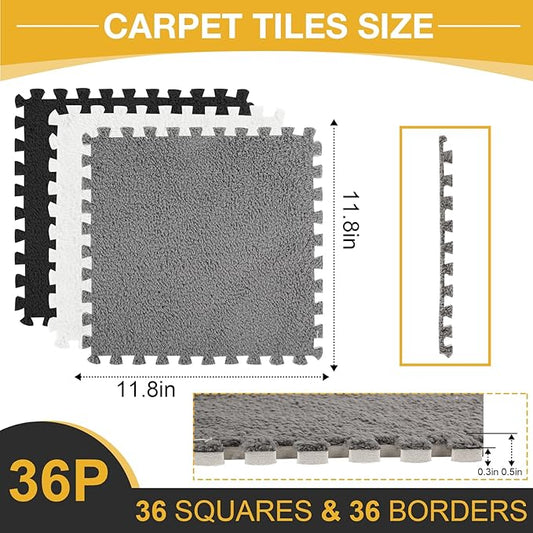 36 Pcs Plush Interlocking Carpet Tiles for Toddler Baby, Non-Toxic Foam, Machine-Washable, Anti-Slip, EVA Foam for Floor, Nursery, Playroom, Grey White Black