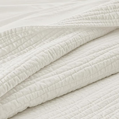 Wonderful Linen Cotton Quilt Set Queen Size, 100% Cotton Back and Filling, 3 Piece Pre-Washed White Bedding Cover, Wave Stitched Bedspread Coverlet Bedding Set 3-Piece for All Seasons, 94"x94"