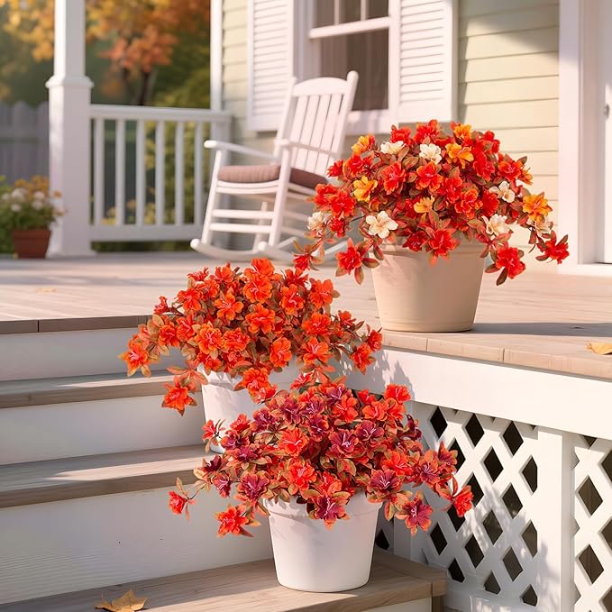 Fall Flowers Artificial for Decoration, Fake Silk Rhododendron Flowers for Outdoors, 2 Bundles Faux Azalea Outside UV Resistant No Fade Floral for Home Garden Balcony Walkway Wedding Party Decor