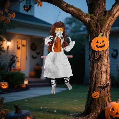Prsildan Halloween Decorations Outdoor Hanging Swing Girl, Scary Animatronic Decor Life-Size Halloween Props with Creepy Sounds Motion for Outside Indoor Yard Trees