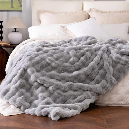 Ultra Soft Cozy Faux Fur Throw Blanket, Fuzzy Plush Thick Bubble Blanket, Oversize Luxury Fluffy Blanket for Couch, Bed, and Living Room, 60x80 Inches, Light Grey
