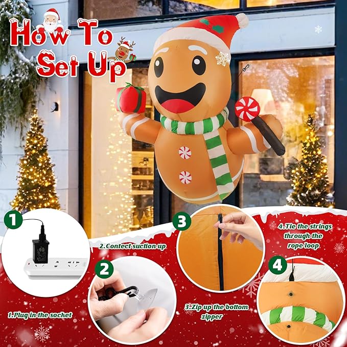 B&D 4FT Christmas Inflatables Gingerbread Man Lean Out from Window Outdoor Decorations, Christmas Window Inflatable Gingerbread Blow Up Yard Decorations Built-in LED Lights for Indoor Lawn Yard Garden
