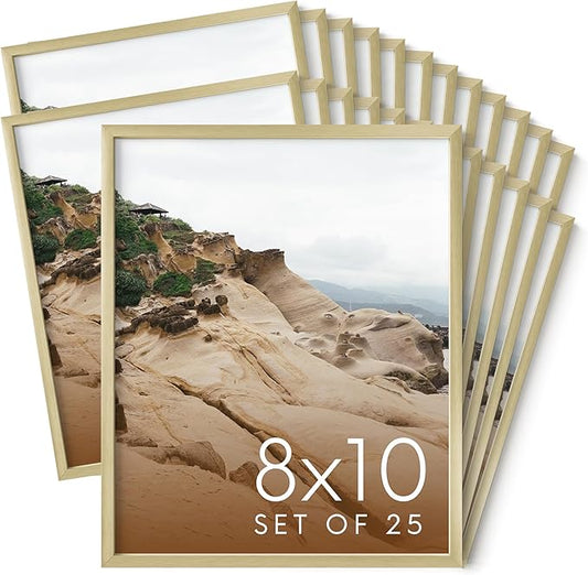 HAUS AND HUES 8x10 Gold Metal Picture Frames - Features Premium Aluminum, Vertical & Horizontal Hang, Shatterproof Plexiglass - Perfect for Home, Room, Office (8x10 in, Gold, Set of 25)