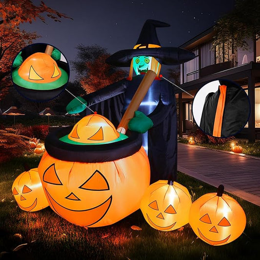 7 FT Tall Halloween Inflatables Witch Pumpkin Pot Outdoor Decorations Blow Up Yard with Built-in LEDs for Lawn Garden Holiday Indoor Party Decor