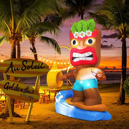 Shappy 5 ft Inflatable Tiki Flamingo Surfboard Luau Hawaiian Party Decorations Summer Inflatables Outdoor LED Lighted Tiki Blow up Beach Tropical Pool Surfing Yard Party Supplies Favors(Surfboard)