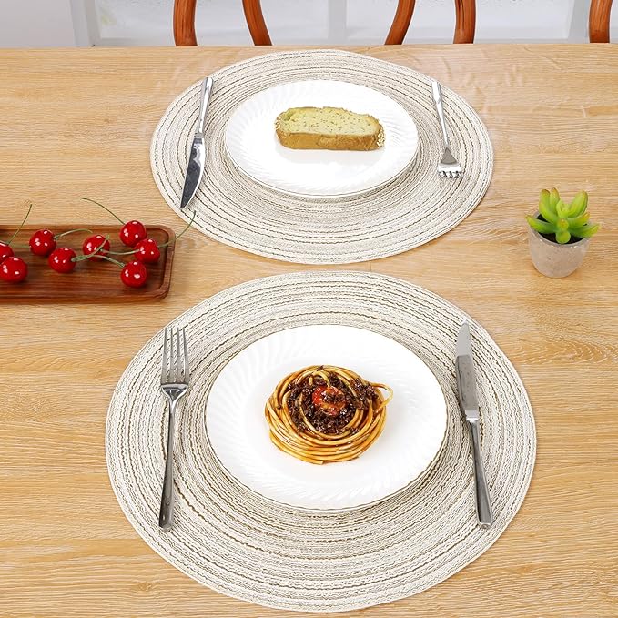 SHACOS Placemats Set of 8 Round Braided Place Mats 15 inch Washable Table Mats for Home Wedding Holiday Party (Ivory, 8)