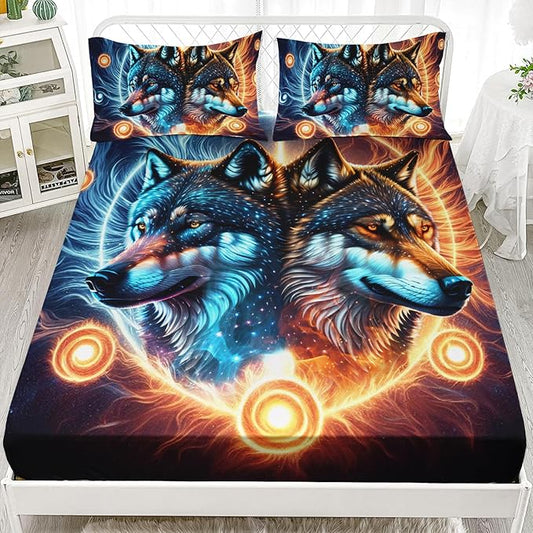 AILONEN Boys Wolf Fitted Sheet Set Full Wolf Bed Sheet Set, Wildlife Animal Theme Fitted Sheet with 2 Pillowcases,3 Pieces Ice and Fire Light Wolves Print Fitted Sheet Set