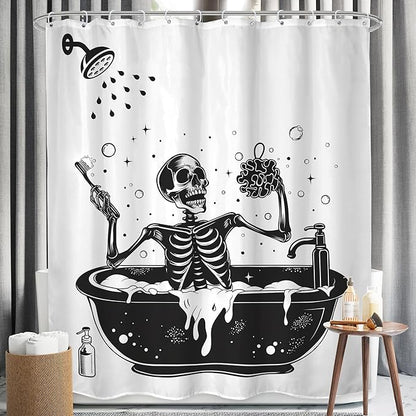 LGhtyro Funny Skull Halloween Shower Curtain Bathroom Set 60Wx71H Inches Black White Gothic Skeleton Bathing in Bathtub Spooky Cool Bath Accessories for Men Boys Art Home Decor Fabric 12 Pack Hooks