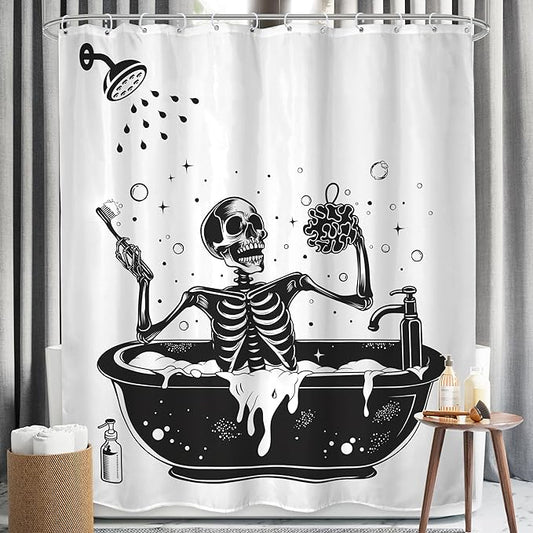 LGhtyro Funny Skull Halloween Shower Curtain Bathroom Set 60Wx71H Inches Black White Gothic Skeleton Bathing in Bathtub Spooky Cool Bath Accessories for Men Boys Art Home Decor Fabric 12 Pack Hooks