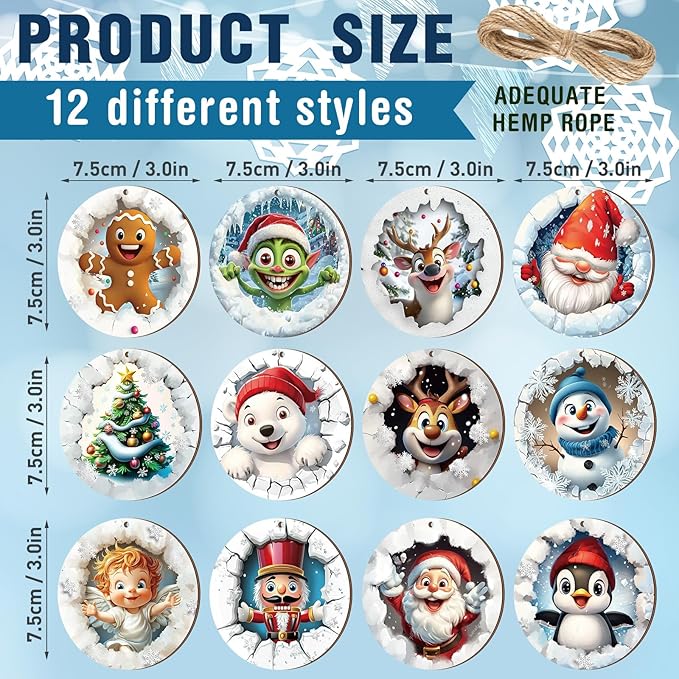 Suzile 36 Pcs Christmas Wooden Ornaments Christmas 3D Break Through Ornament Xmas Cute Animal Decorations for Tree Wreaths Xmas Hanging Wood Cutouts Decor for Home Winter Party