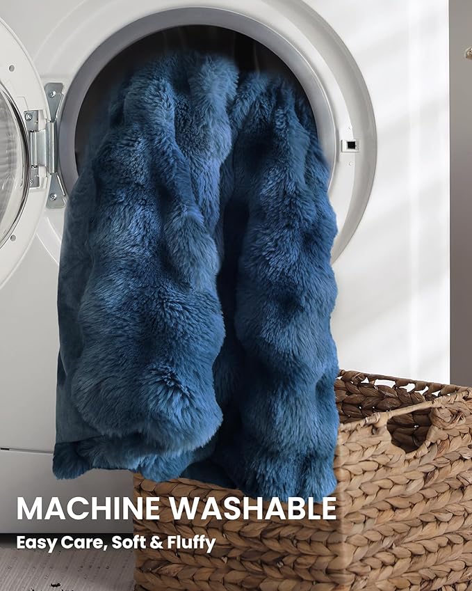 Ultra Soft Cozy Faux Fur Throw Blanket, Fuzzy Plush Thick Bubble Blanket, Oversize Luxury Fluffy Blanket for Couch, Bed, and Living Room, 60x80 Inches, Blue
