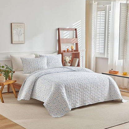 mixinni King Quilt Bedding Set with Pillow Shams, 3 Piece Boho Blue Floral Bed Coverlets for All Seasons, Soft Lightweight Microfiber Quilted Comforter Set-(92"x106", 1 Quilt+ 2 Pillow Shams)