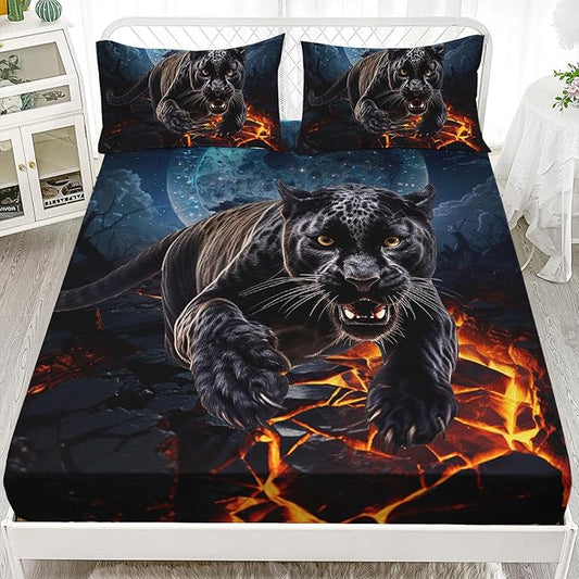 AILONEN Black Panther Fitted Sheet Set Queen Size,Safari Cheetah Leopard Print Bed Sheet Set,Magic Moon Animal Theme Leopard Fitted Sheet with 2 Pillowcases,3 Pieces Boys Queen Bed Sheet Set