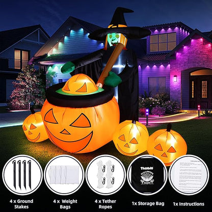 7 FT Tall Halloween Inflatables Witch Pumpkin Pot Outdoor Decorations Blow Up Yard with Built-in LEDs for Lawn Garden Holiday Indoor Party Decor