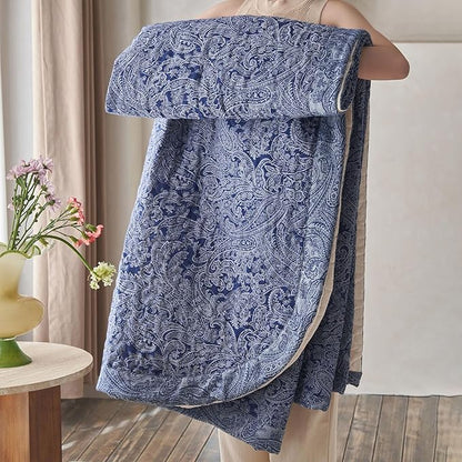 mixinni Navy Blue Floral King Size Quilt Set Soft Cotton Double-Layer Neutral Style Paisley Quilt Bedding Set Farmhouse Bedspread Coverlet Sets, 3-Pieces Including Pillow Shams (106x96 Inches)