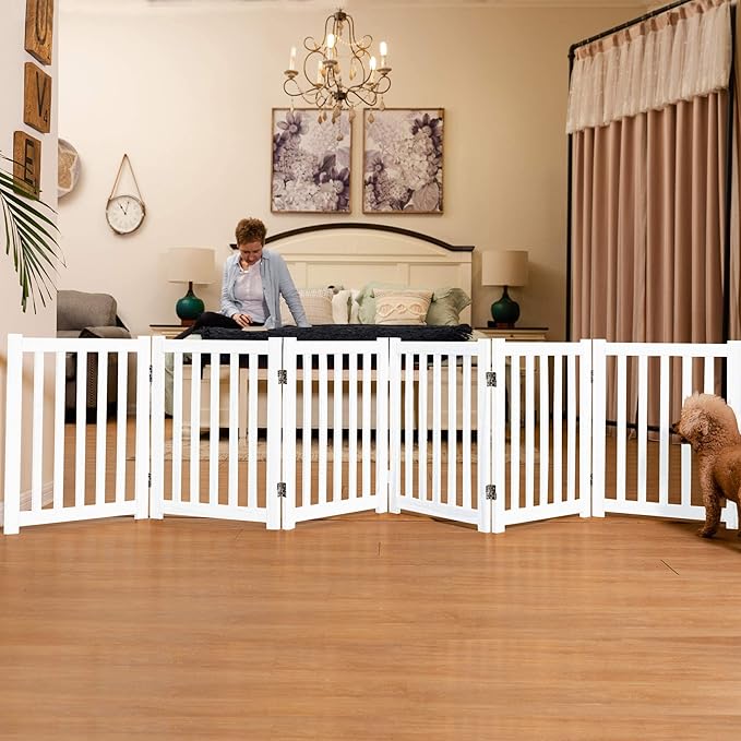LZRS 6-Panel Extra-Wide Freestanding Wooden Dog Gate – 24”High Foldable Safety Pet Barrier for Doorways, Hallways, Kitchens, and Long Staircases, Durable Design fit Small to Medium Dogs, White