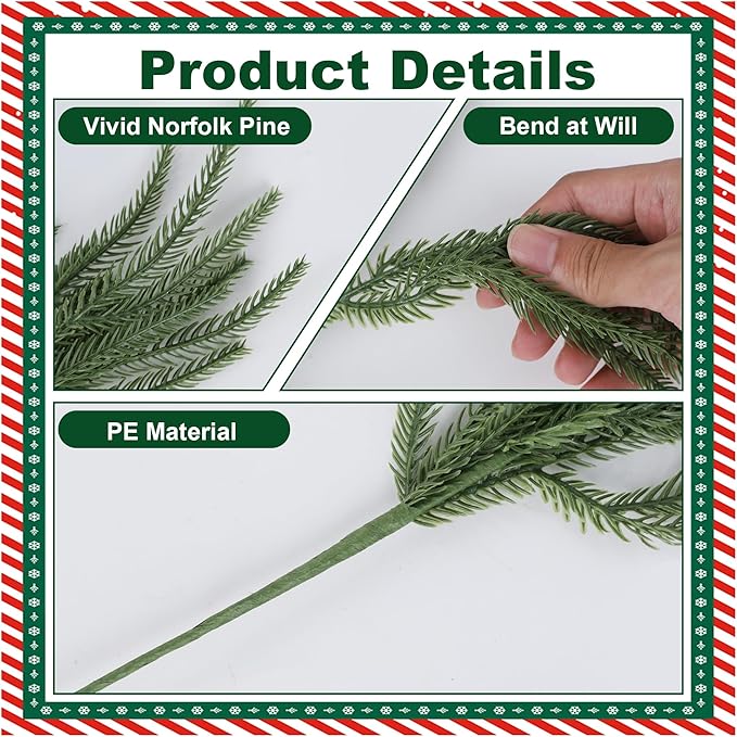 DR.DUDU 12 Pack Christmas Norfolk Pine Stems-18 Real Touch Artificial Christmas Greenery for DIY Wreaths, Garland & Holiday Decor, Xmas Tree Filler Branches for Vases, Mantel Tabletop Decorations